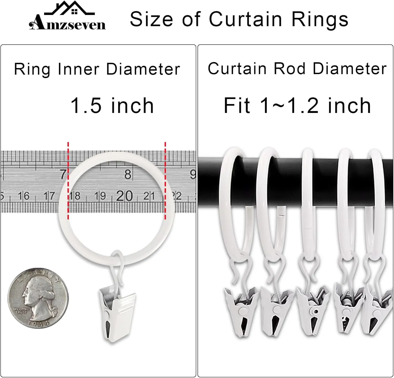 100 Pack Metal Curtain Rings with Clips, Drapery Clips Hooks, Decorative Curtain Rod Clips 1.5 in Interior Diameter, Rustproof White