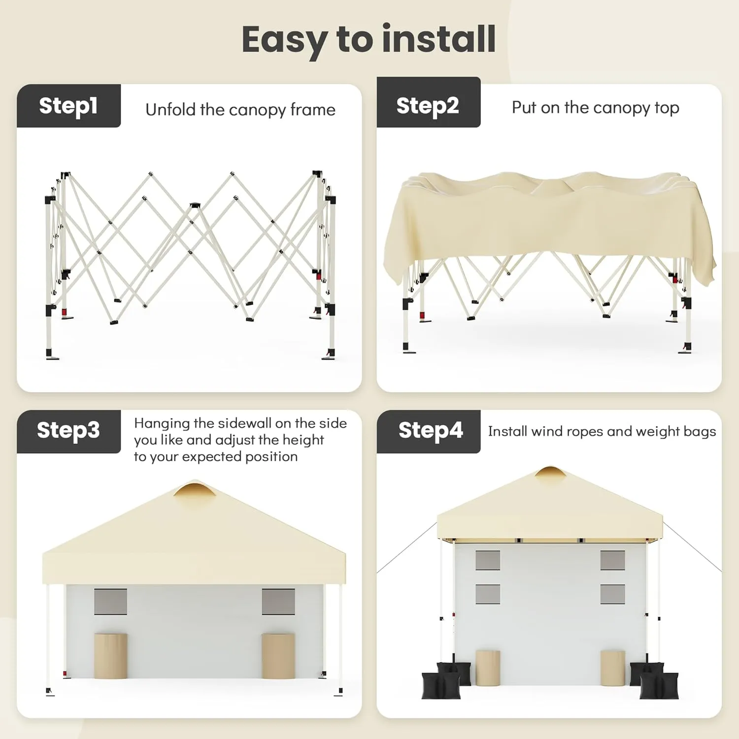 10'x10' Pop Up Canopy Tent Outdoor Sun Shade Garden Instant Canopy with Pockets Sidewall,4 Ropes, 8 Stakes,4 Weight Bags Esay Up Sun Shelter Patio Camping Beach Canopy Tents, Khaki