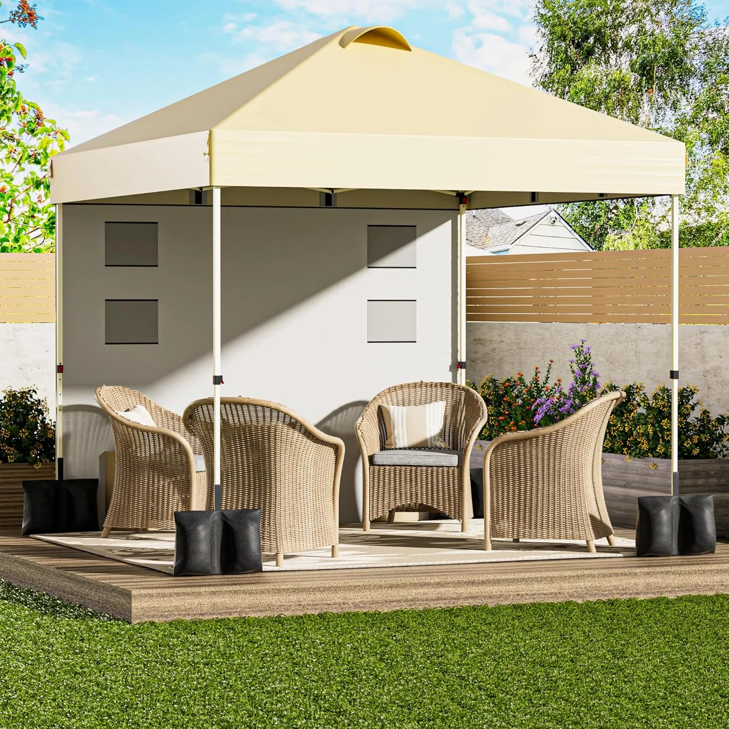 10'x10' Pop Up Canopy Tent Outdoor Sun Shade Garden Instant Canopy with Pockets Sidewall,4 Ropes, 8 Stakes,4 Weight Bags Esay Up Sun Shelter Patio Camping Beach Canopy Tents, Khaki