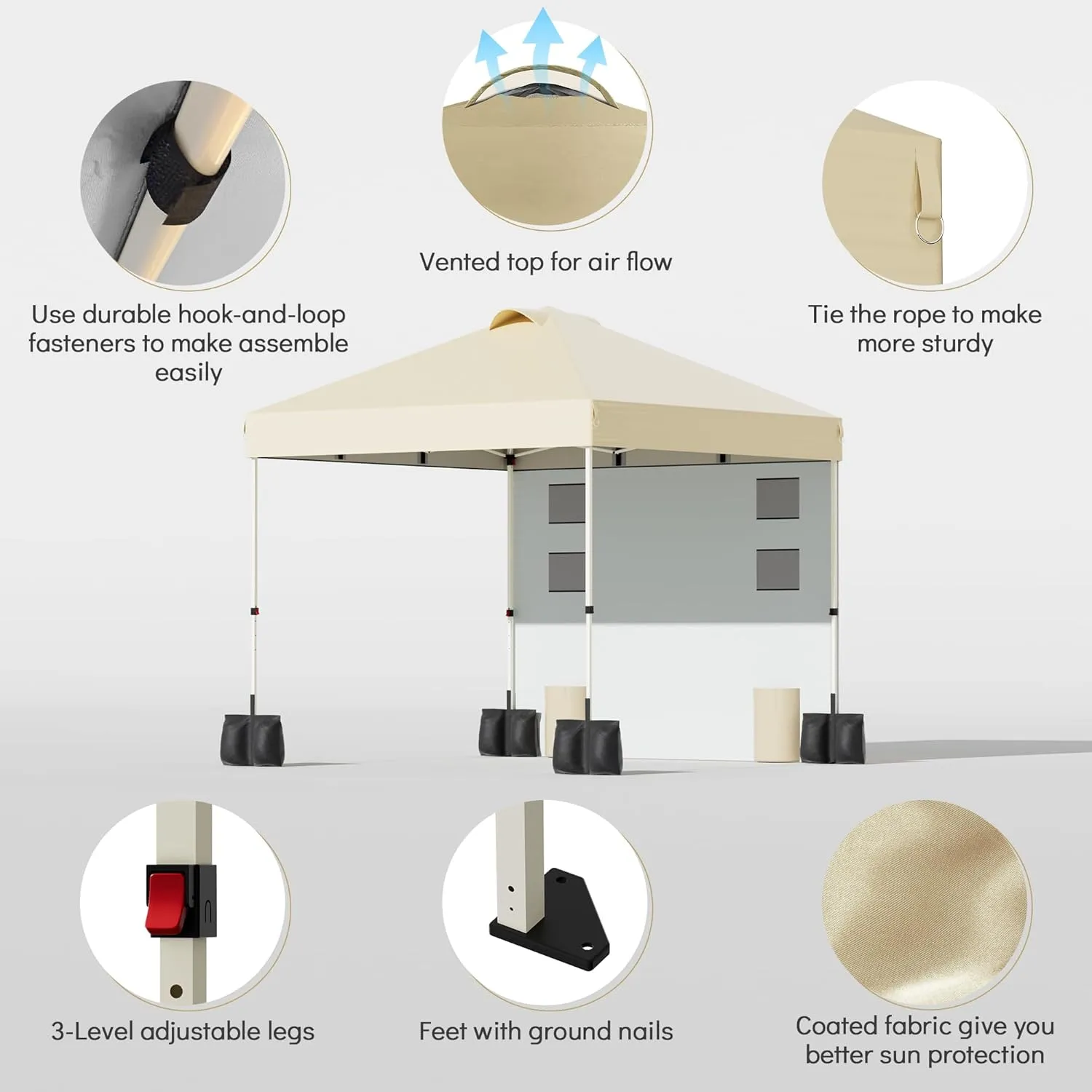 10'x10' Pop Up Canopy Tent Outdoor Sun Shade Garden Instant Canopy with Pockets Sidewall,4 Ropes, 8 Stakes,4 Weight Bags Esay Up Sun Shelter Patio Camping Beach Canopy Tents, Khaki