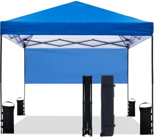 10'x10' Pop Up Canopy Tent with Half Sidewall, 1-Person Easy Setup, Instant Shade Canopy with Sliver Coated for Parties Beach Outdoor, Wheeled Carrying Bag, Stakes, 4 Ropes, 4 Sandbags (Blue)
