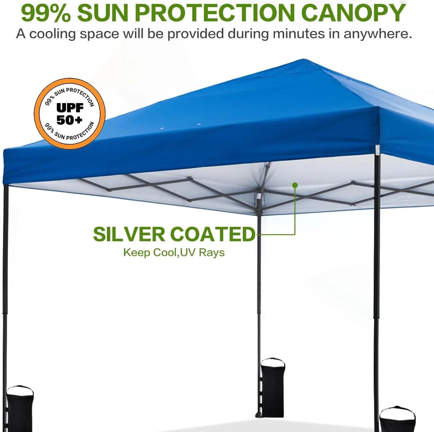 10'x10' Pop Up Canopy Tent with Half Sidewall, 1-Person Easy Setup, Instant Shade Canopy with Sliver Coated for Parties Beach Outdoor, Wheeled Carrying Bag, Stakes, 4 Ropes, 4 Sandbags (Blue)