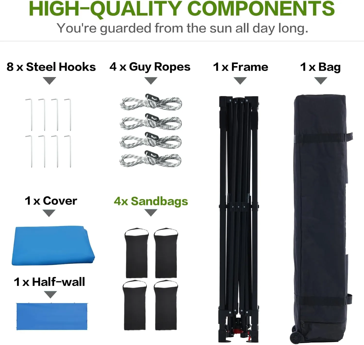 10'x10' Pop Up Canopy Tent with Half Sidewall, 1-Person Easy Setup, Instant Shade Canopy with Sliver Coated for Parties Beach Outdoor, Wheeled Carrying Bag, Stakes, 4 Ropes, 4 Sandbags (Blue)