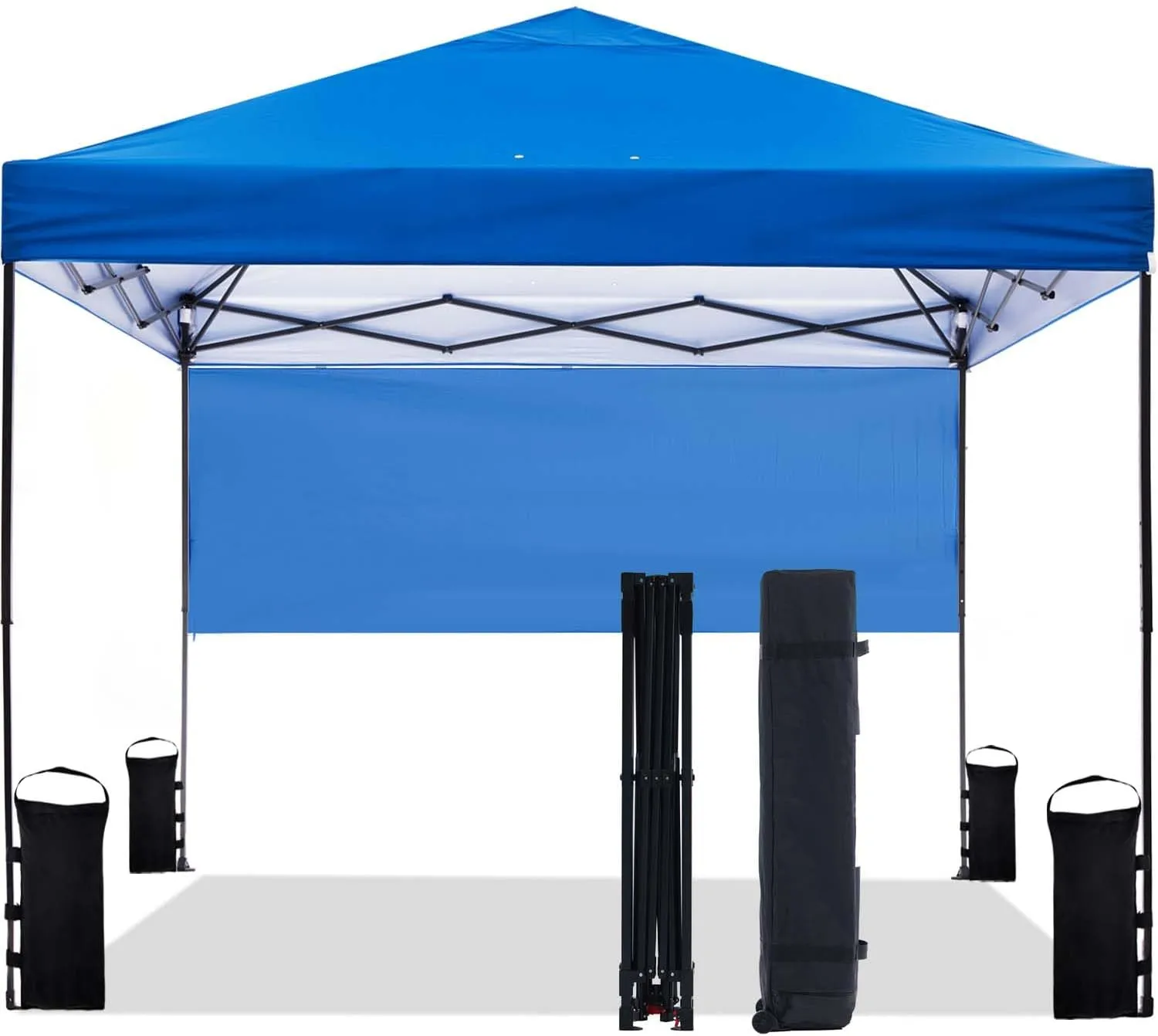 10'x10' Pop Up Canopy Tent with Half Sidewall, 1-Person Easy Setup, Instant Shade Canopy with Sliver Coated for Parties Beach Outdoor, Wheeled Carrying Bag, Stakes, 4 Ropes, 4 Sandbags (Blue)