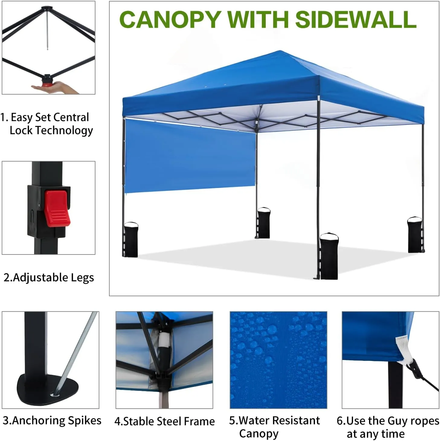 10'x10' Pop Up Canopy Tent with Half Sidewall, 1-Person Easy Setup, Instant Shade Canopy with Sliver Coated for Parties Beach Outdoor, Wheeled Carrying Bag, Stakes, 4 Ropes, 4 Sandbags (Blue)