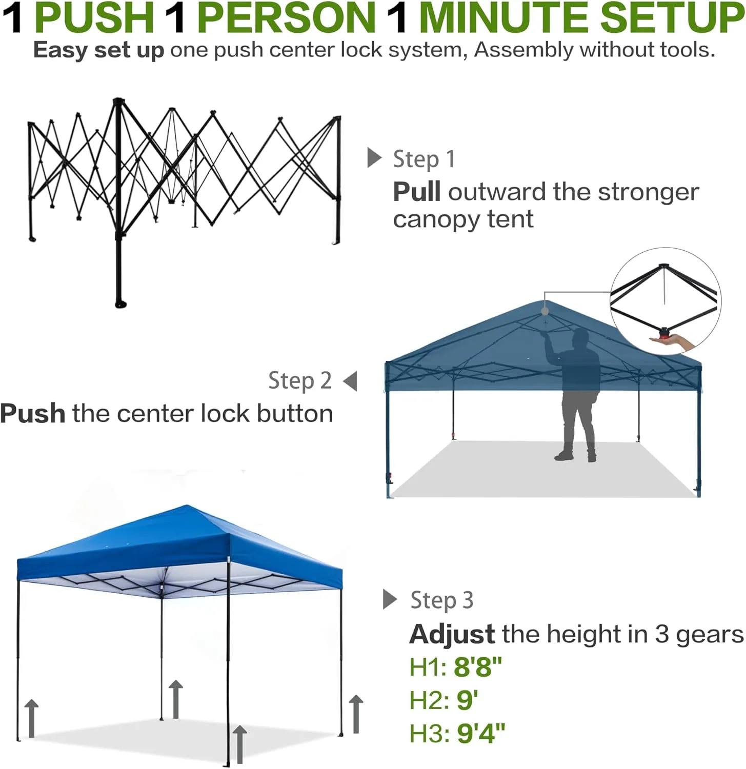 10'x10' Pop Up Canopy Tent with Half Sidewall, 1-Person Easy Setup, Instant Shade Canopy with Sliver Coated for Parties Beach Outdoor, Wheeled Carrying Bag, Stakes, 4 Ropes, 4 Sandbags (Blue)