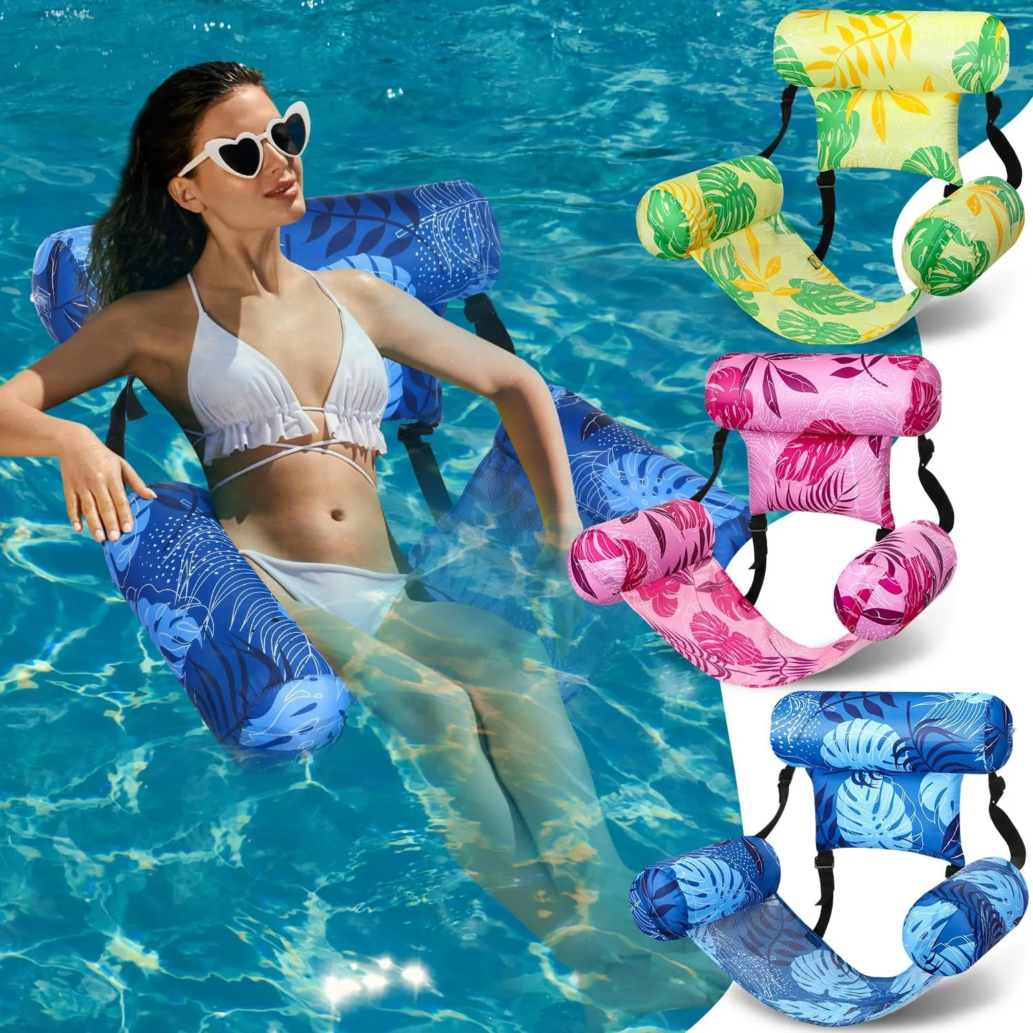 3 Pack Inflatable Pool Floats Chairs Adult Floating Lounge Chair Adjustable Hammock Water Floating Chair Swimming Tropical Plants Pattern for Party Summer Water Beach Lake Fun