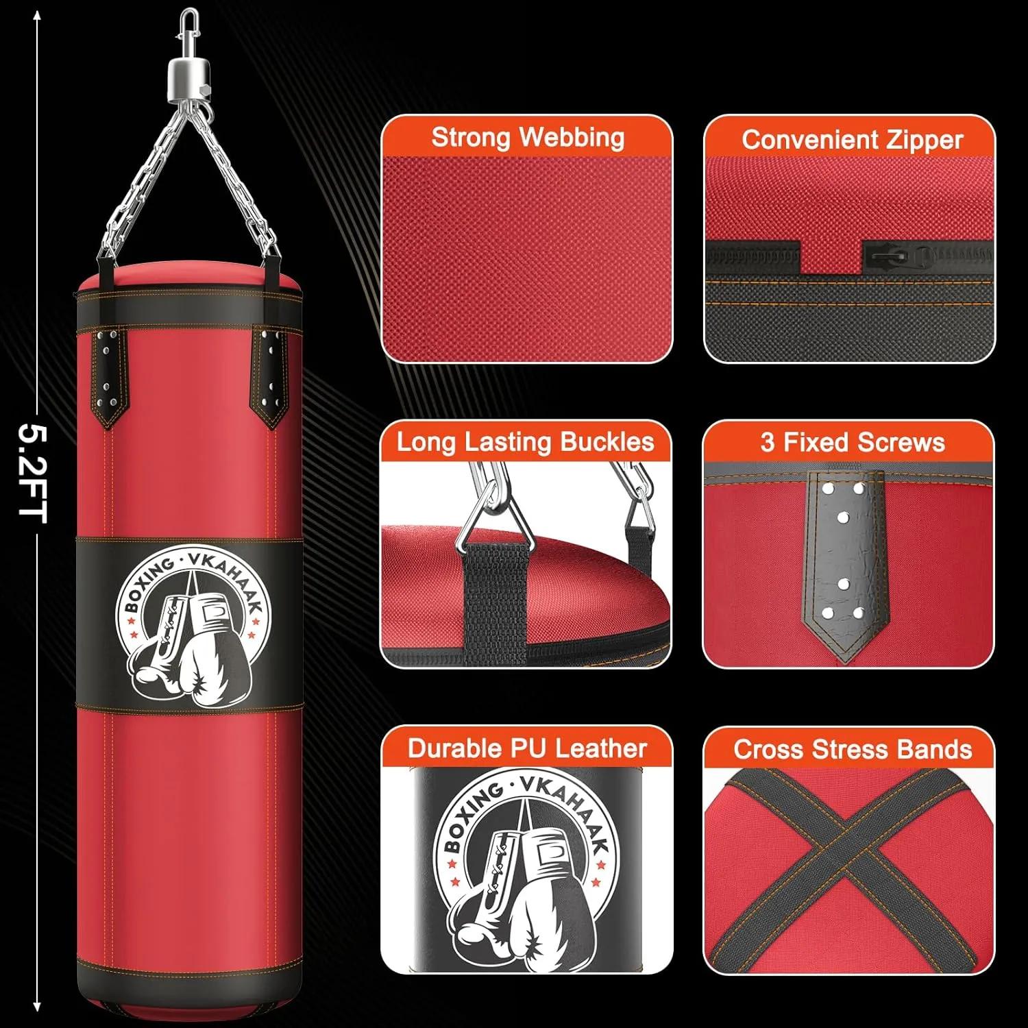 4FT Punching Bag for Adults/Kids, Unfilled Heavy Punching Bag, Boxing Bag Set with Punching Gloves, Wraps, Chain, Ceiling Hook for MMA Kickboxing Boxing Karate Muay Thai Taekwondo