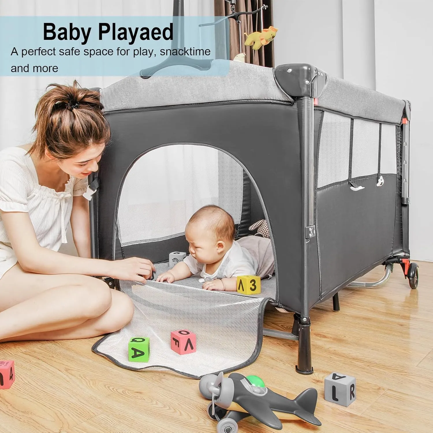 5-in-1 Pack and Play, Baby Bassinet Bedside Sleeper with U-Shaped Diaper Changer, Portable Toddler Playard for Newborn to Toddlers, Baby Crib with 4 Adjustable Height,Carry Bag,Easy to Install (Grey)