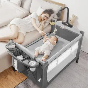 5-in-1 Pack and Play, Baby Bassinet Bedside Sleeper with U-Shaped Diaper Changer, Portable Toddler Playard for Newborn to Toddlers, Baby Crib with 4 Adjustable Height,Carry Bag,Easy to Install (Grey)