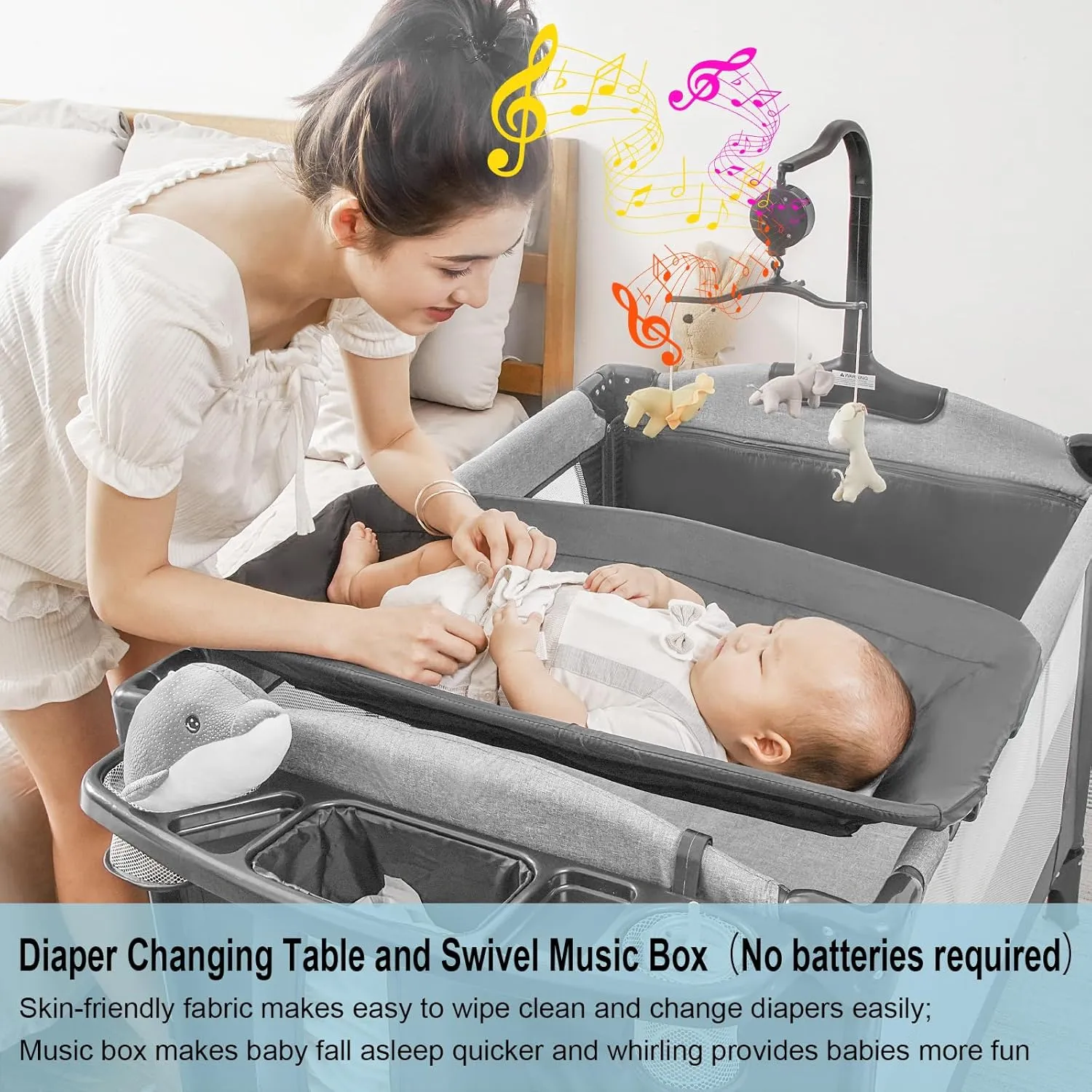 5-in-1 Pack and Play, Baby Bassinet Bedside Sleeper with U-Shaped Diaper Changer, Portable Toddler Playard for Newborn to Toddlers, Baby Crib with 4 Adjustable Height,Carry Bag,Easy to Install (Grey)