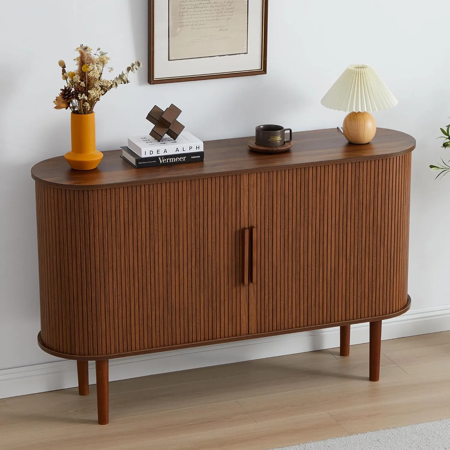 53''Sideboard Buffer Cabinet with Fluted Slide Doors, Modern Credenza Storage Cabinet, Tambour Bar Console Table for Living Dining Room Kitchen Hallway Entryway, Walnut