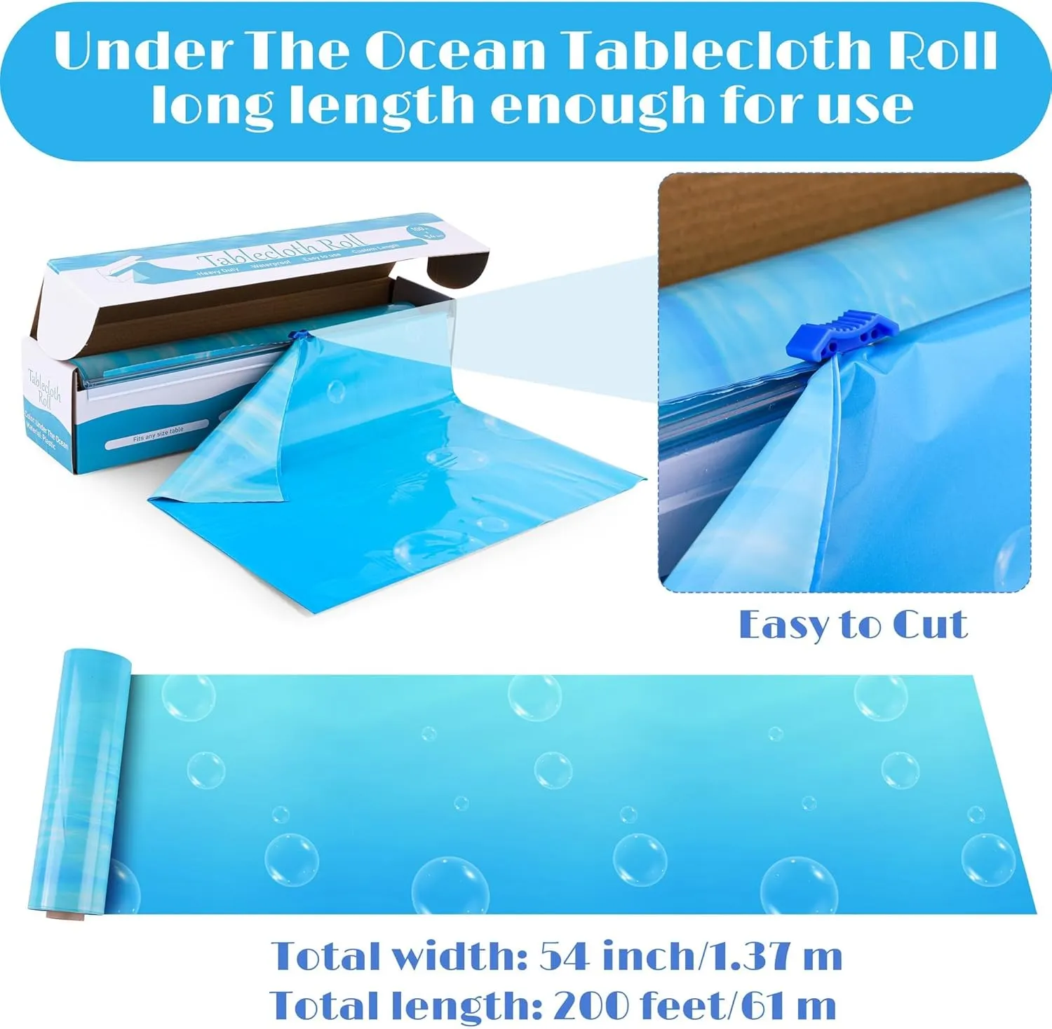 54 Inch x 200 Ft Ocean Waves Plastic Tablecloth Roll in Slide Cutter Box Under The Sea Table Cover Blue Water Print Backdrop Bulletin Board Plastic Roll for Beach Pool Birthday Party Decor