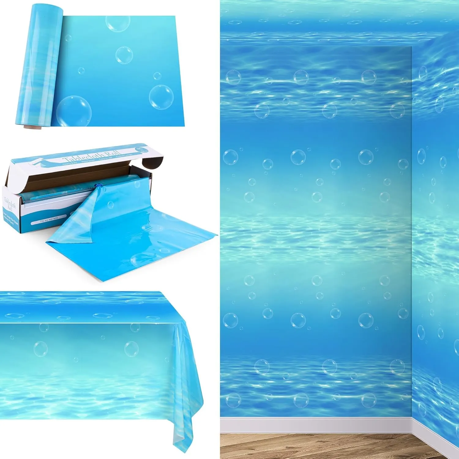 54 Inch x 200 Ft Ocean Waves Plastic Tablecloth Roll in Slide Cutter Box Under The Sea Table Cover Blue Water Print Backdrop Bulletin Board Plastic Roll for Beach Pool Birthday Party Decor