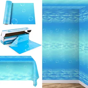 54 Inch x 200 Ft Ocean Waves Plastic Tablecloth Roll in Slide Cutter Box Under The Sea Table Cover Blue Water Print Backdrop Bulletin Board Plastic Roll for Beach Pool Birthday Party Decor