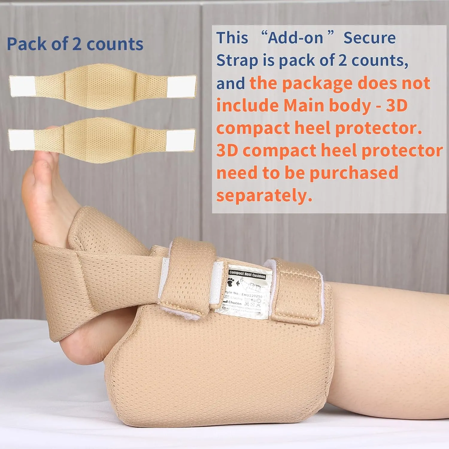 Add-on Secure Strap Prevent 3D Heel Protector from Shifting or Falling Off,Relieve Pressure Ulcer Pain-Sold as 2 Count-Khaki（NOT INCLUTE 3D Heel Protector）