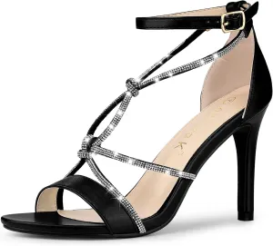 Allegra K Women's Rhinestone Knot Strap Stiletto Heels Sandals