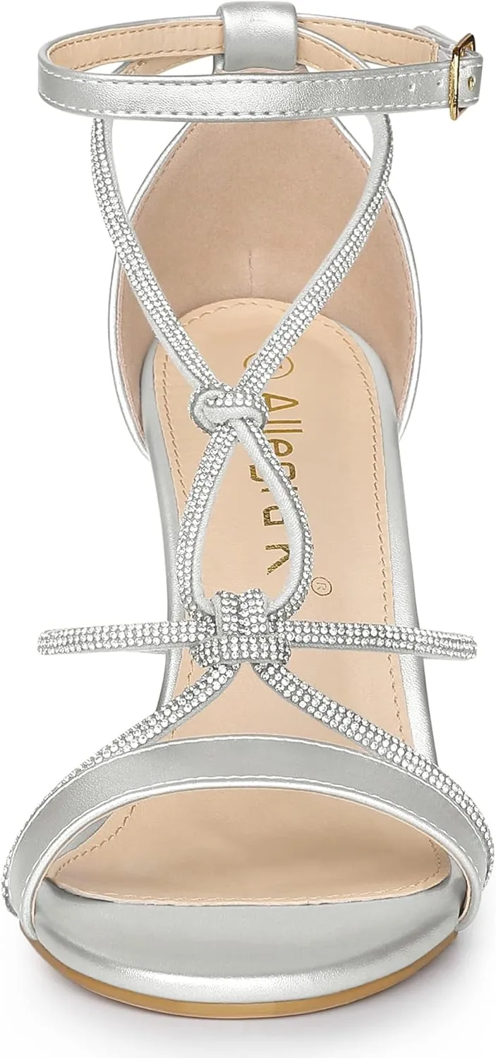 Allegra K Women's Rhinestone Knot Strap Stiletto Heels Sandals