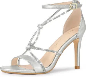 Allegra K Women's Rhinestone Knot Strap Stiletto Heels Sandals