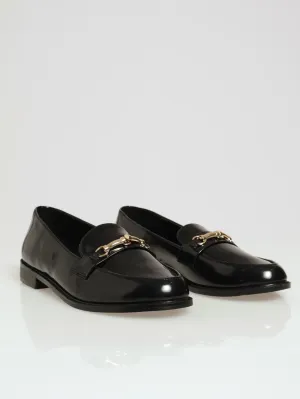 Almond Toe Metal Trim Loafer - Black