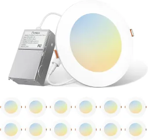Amico 12 Pack 6 Inch 5CCT Ultra-Thin LED Recessed Light with Junction Box, 2700K/3000K/4000K/5000K/6000K Selectable, 1000LM Brightness, Dimmable Canless Wafer Downlight, 12W Eqv 110W-ETL&FCC