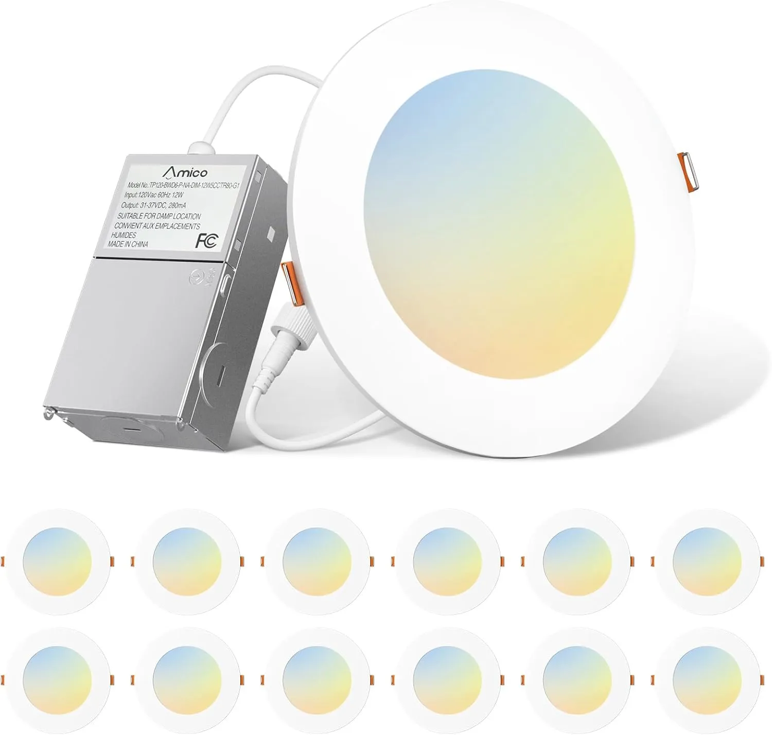 Amico 12 Pack 6 Inch 5CCT Ultra-Thin LED Recessed Light with Junction Box, 2700K/3000K/4000K/5000K/6000K Selectable, 1000LM Brightness, Dimmable Canless Wafer Downlight, 12W Eqv 110W-ETL&FCC