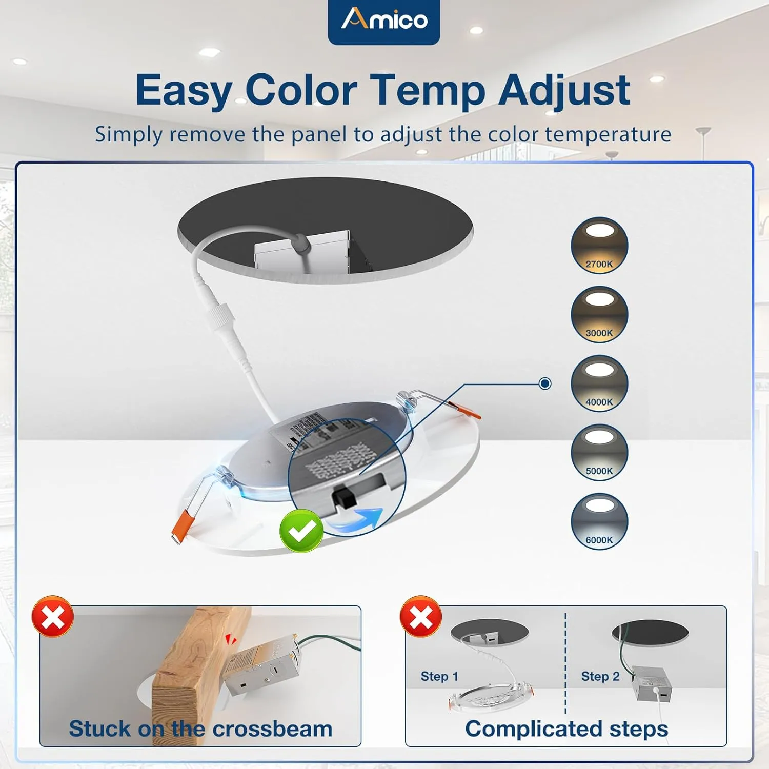 Amico 12 Pack 6 Inch 5CCT Ultra-Thin LED Recessed Light with Junction Box, 2700K/3000K/4000K/5000K/6000K Selectable, 1000LM Brightness, Dimmable Canless Wafer Downlight, 12W Eqv 110W-ETL&FCC