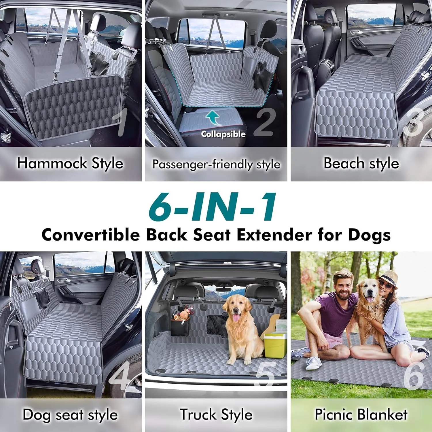 Back Seat Extender for Dogs-Supports 400lb,Waterproof Dog Car Seat Cover Hard Bottom-Detachable,600D Heavy Duty Scratch Proof Nonslip Soft,Dog Hammock for Car,SUVs-Grey