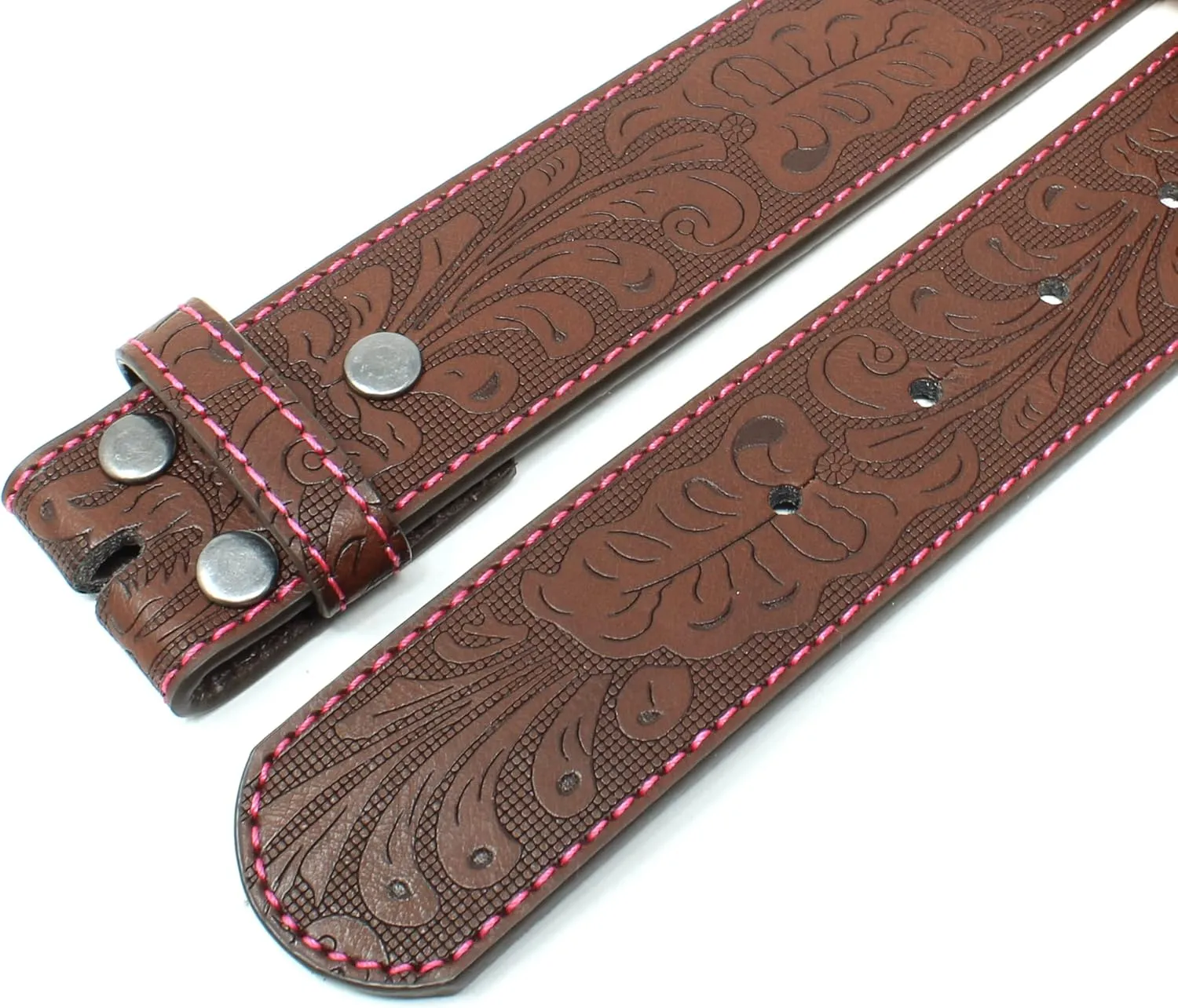 BC Belts Leather Belt Strap with Colored Stitching and Embossed Western Scrollwork 1.5" Wide with Snaps
