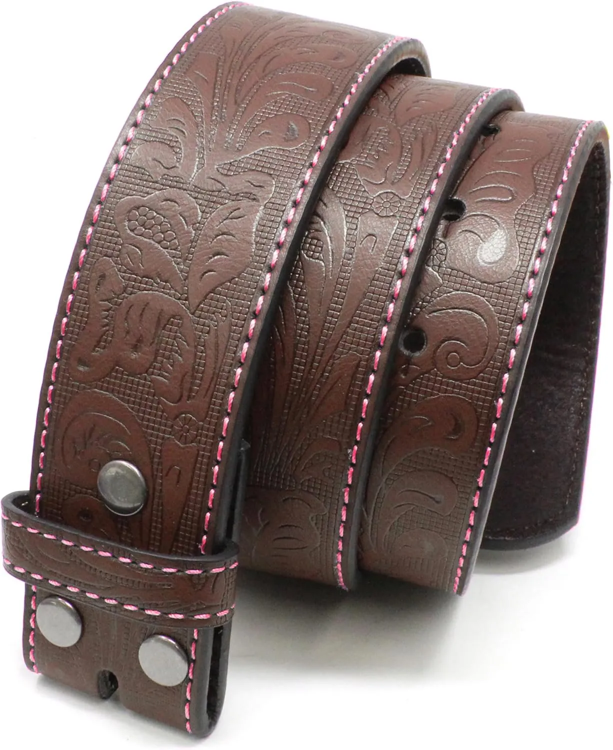 BC Belts Leather Belt Strap with Colored Stitching and Embossed Western Scrollwork 1.5" Wide with Snaps