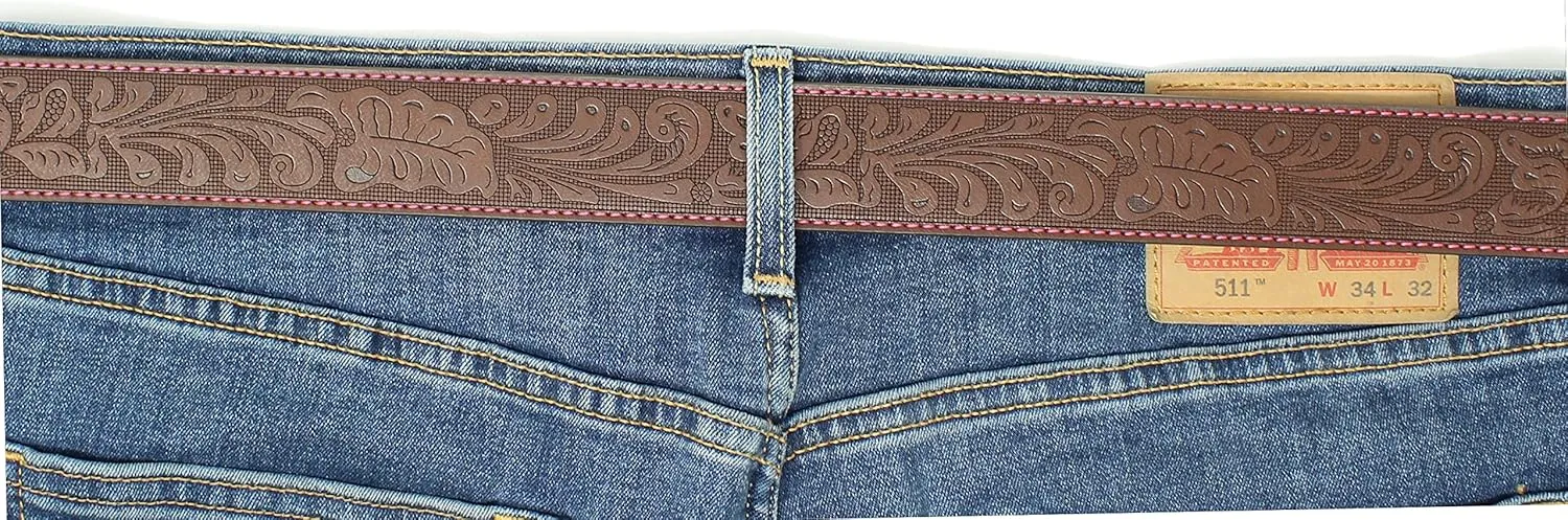 BC Belts Leather Belt Strap with Colored Stitching and Embossed Western Scrollwork 1.5" Wide with Snaps