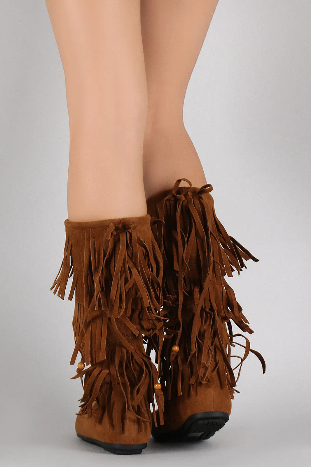Bead Excellent reviews International delivery Bow Moccasin Fringe Boots Flat