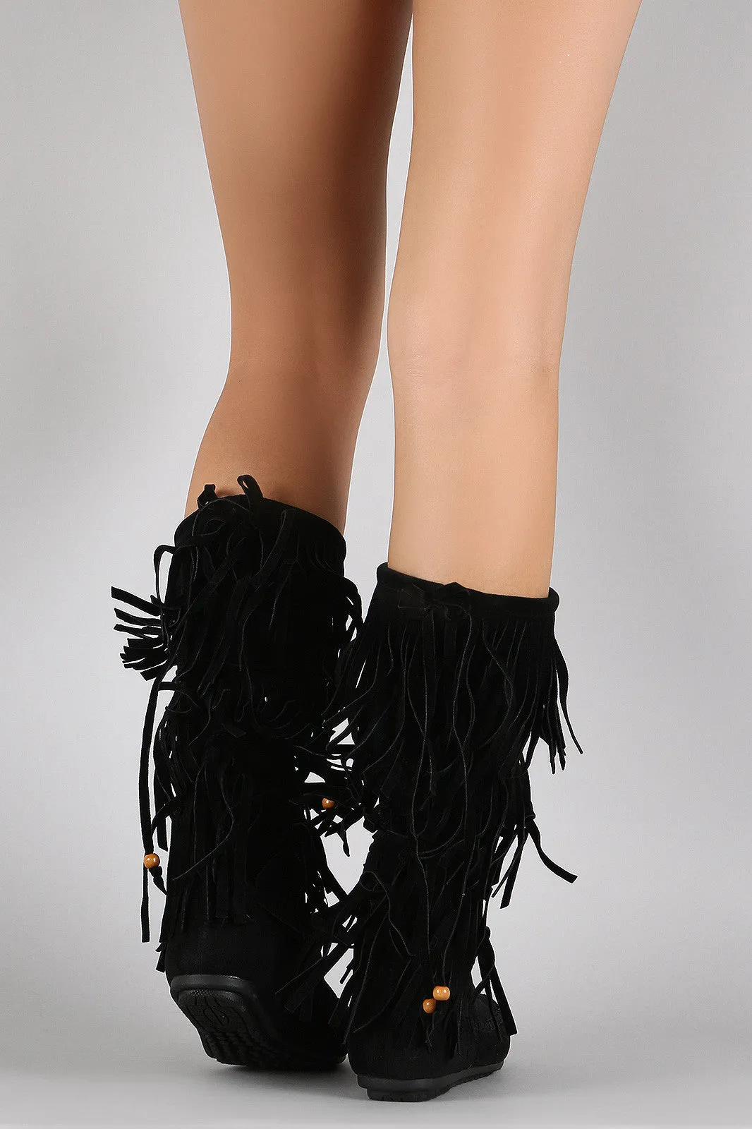 Bead Excellent reviews International delivery Bow Moccasin Fringe Boots Flat