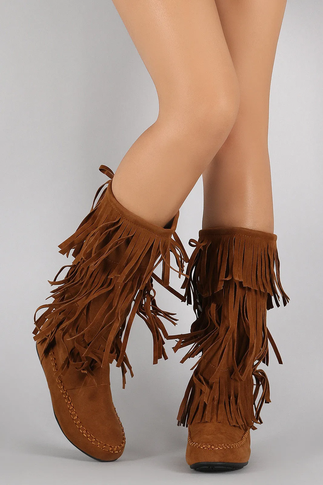 Bead Excellent reviews International delivery Bow Moccasin Fringe Boots Flat