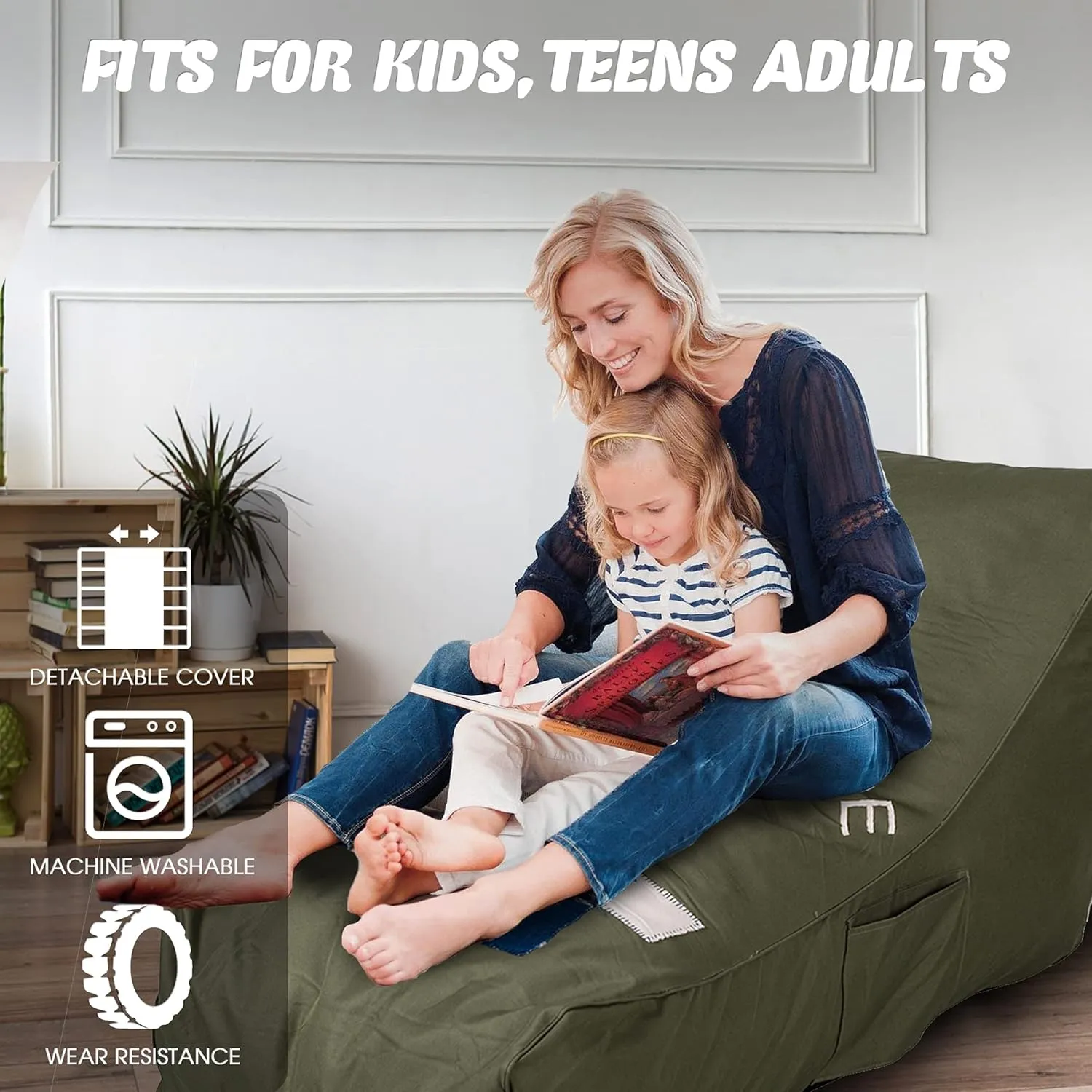 Bean Bag Chair - Floor Chair Couch Lazy Lounger Memory Foam Sofa with Dirt-Proof Oxford Fabric&Side Pocket for Kids Age 2 and Up,MOM I'm FINE, Army Green