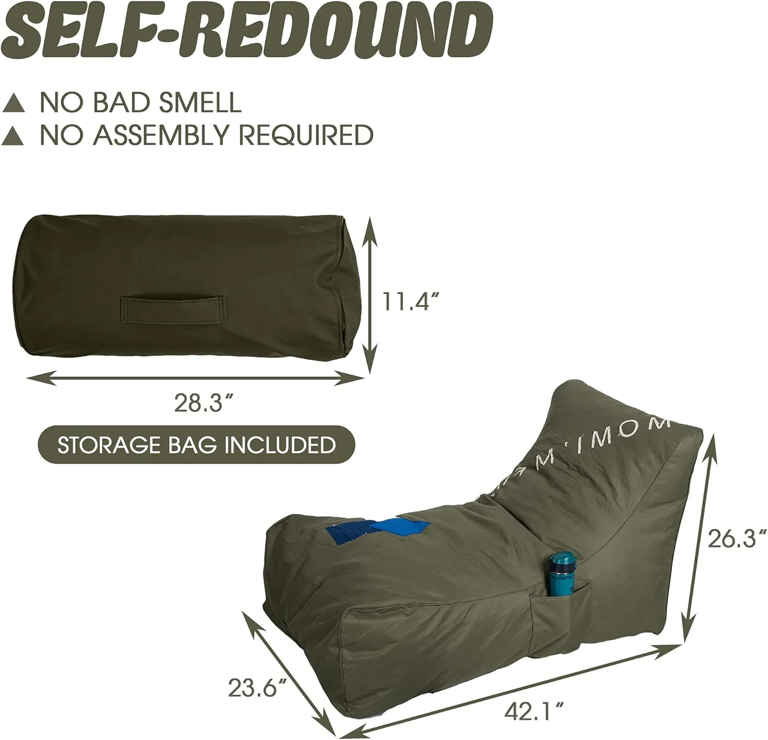 Bean Bag Chair - Floor Chair Couch Lazy Lounger Memory Foam Sofa with Dirt-Proof Oxford Fabric&Side Pocket for Kids Age 2 and Up,MOM I'm FINE, Army Green