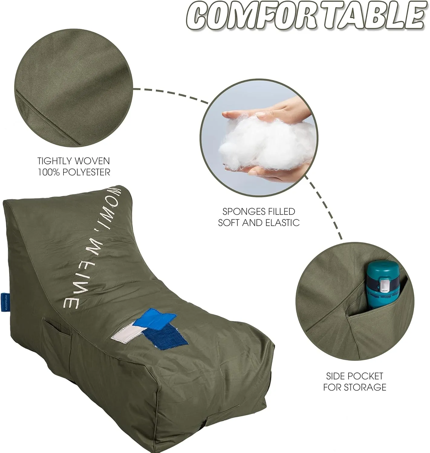 Bean Bag Chair - Floor Chair Couch Lazy Lounger Memory Foam Sofa with Dirt-Proof Oxford Fabric&Side Pocket for Kids Age 2 and Up,MOM I'm FINE, Army Green