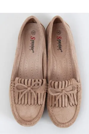 Beige Eco-Suede Moccasins for Women – Fringe Bow Slip-On Flats