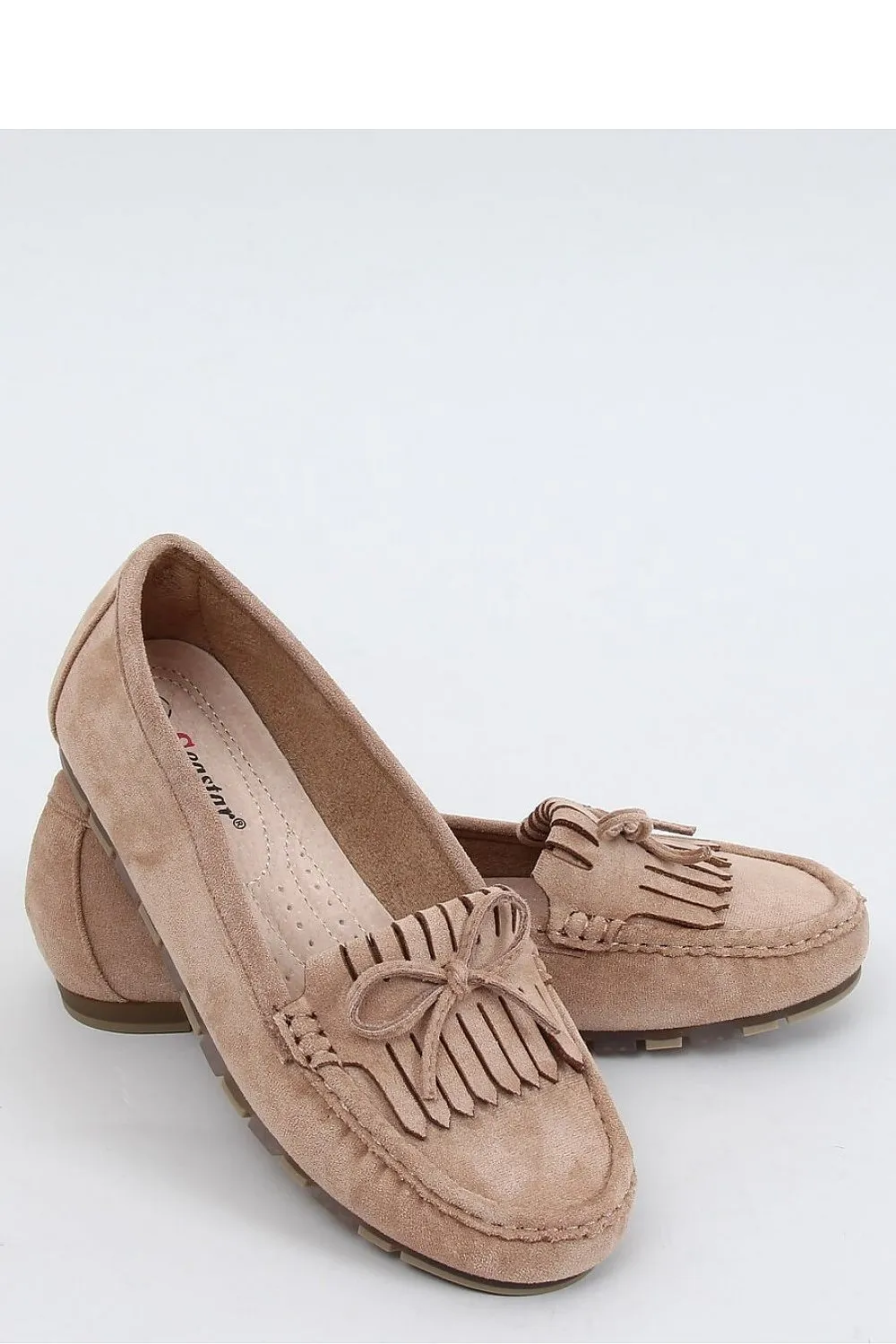 Beige Eco-Suede Moccasins for Women – Fringe Bow Slip-On Flats
