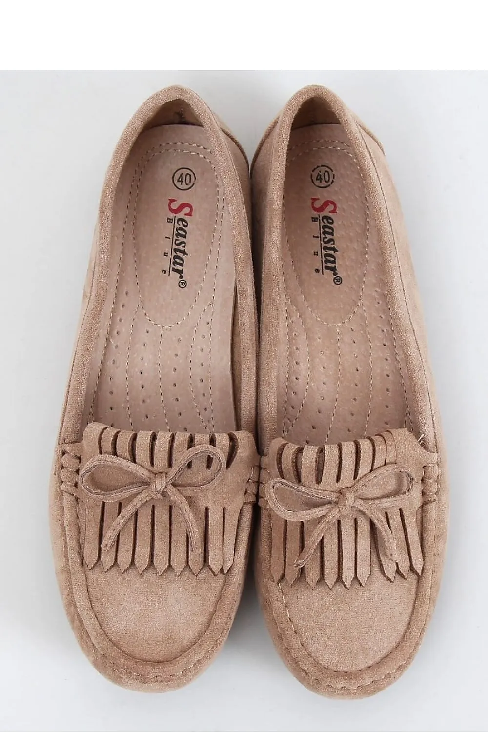 Beige Eco-Suede Moccasins for Women – Fringe Bow Slip-On Flats