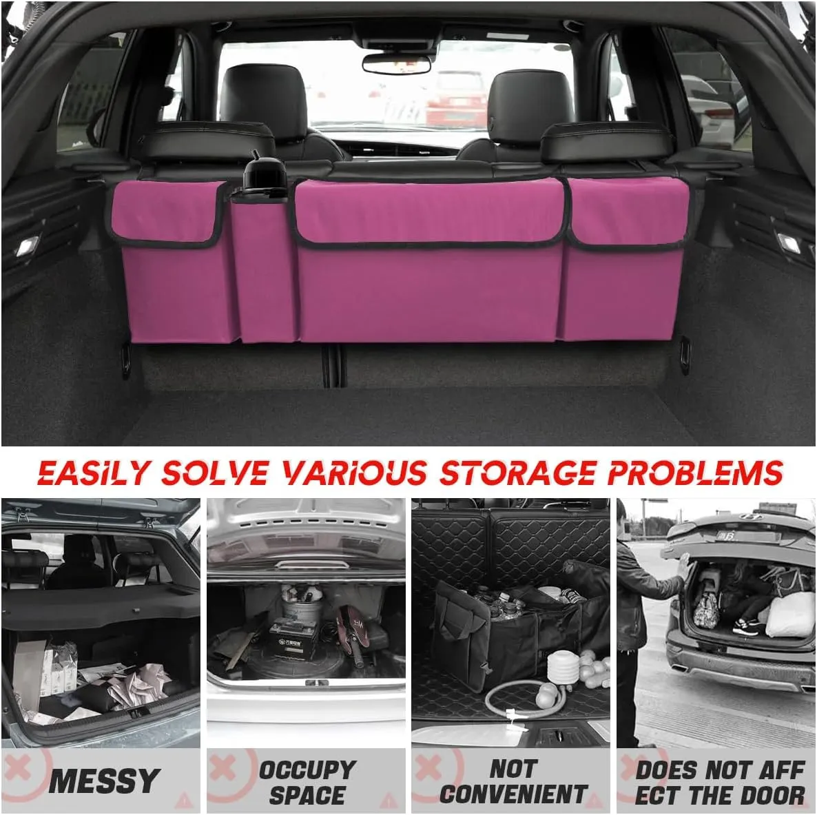 BELOMI Car Trunk Organizer, Auto Waterproof Sturdy Backseat Hanging Large Storage Collapsible Cargo Bag with Anti-Slip Adjustable Strip&4 Pockets, Vehicle Interior Accessories(Purple)