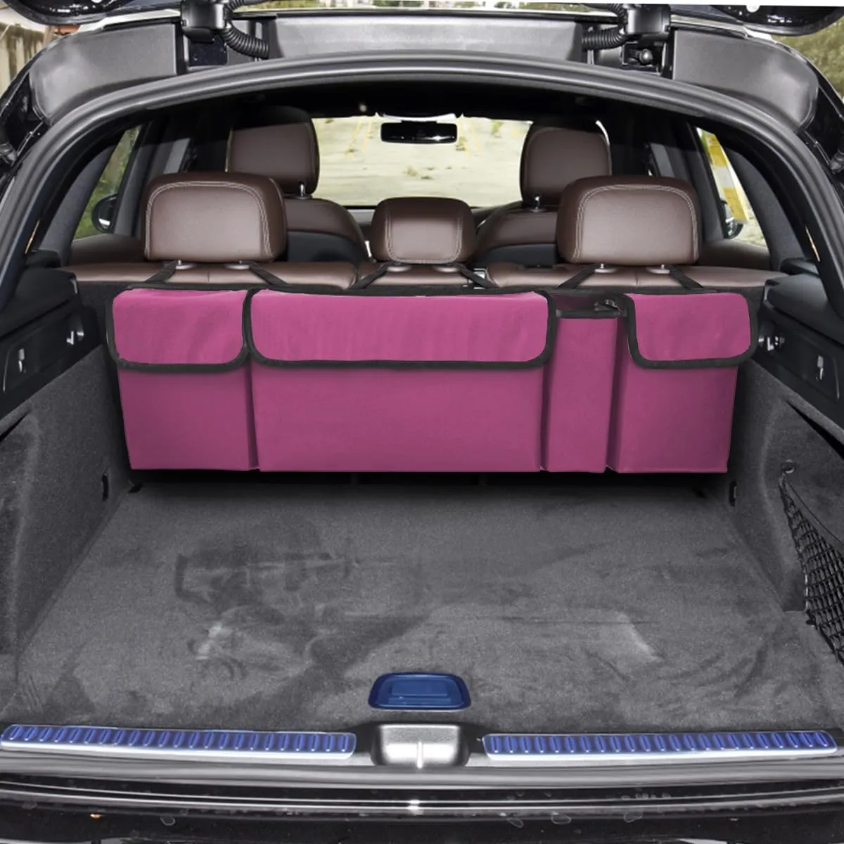 BELOMI Car Trunk Organizer, Auto Waterproof Sturdy Backseat Hanging Large Storage Collapsible Cargo Bag with Anti-Slip Adjustable Strip&4 Pockets, Vehicle Interior Accessories(Purple)