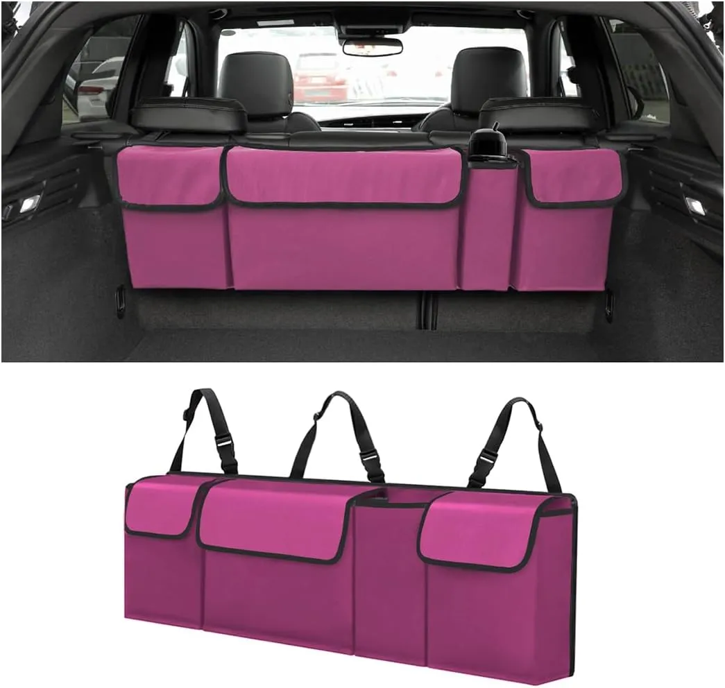 BELOMI Car Trunk Organizer, Auto Waterproof Sturdy Backseat Hanging Large Storage Collapsible Cargo Bag with Anti-Slip Adjustable Strip&4 Pockets, Vehicle Interior Accessories(Purple)