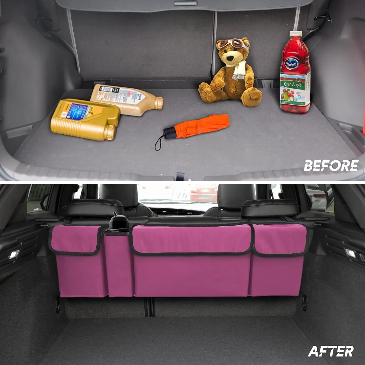 BELOMI Car Trunk Organizer, Auto Waterproof Sturdy Backseat Hanging Large Storage Collapsible Cargo Bag with Anti-Slip Adjustable Strip&4 Pockets, Vehicle Interior Accessories(Purple)