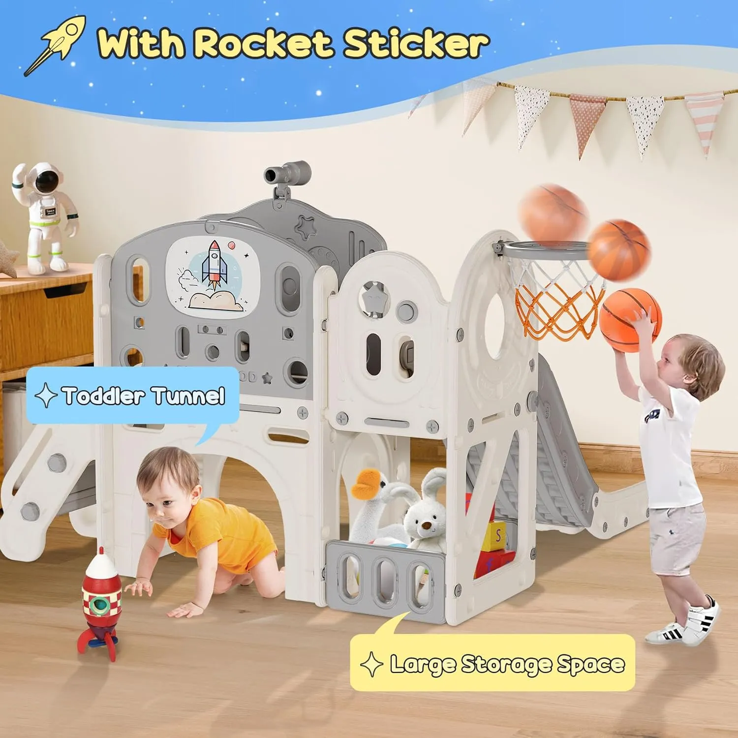 BIERUM 10 in 1 Toddler Slide, Astronaut Themed Kid Slide for Toddlers Age 1-3 with Basketball Hoop, Phone Toy and Turning Gears, Indoor Outdoor Toddler Playset Beige Gray