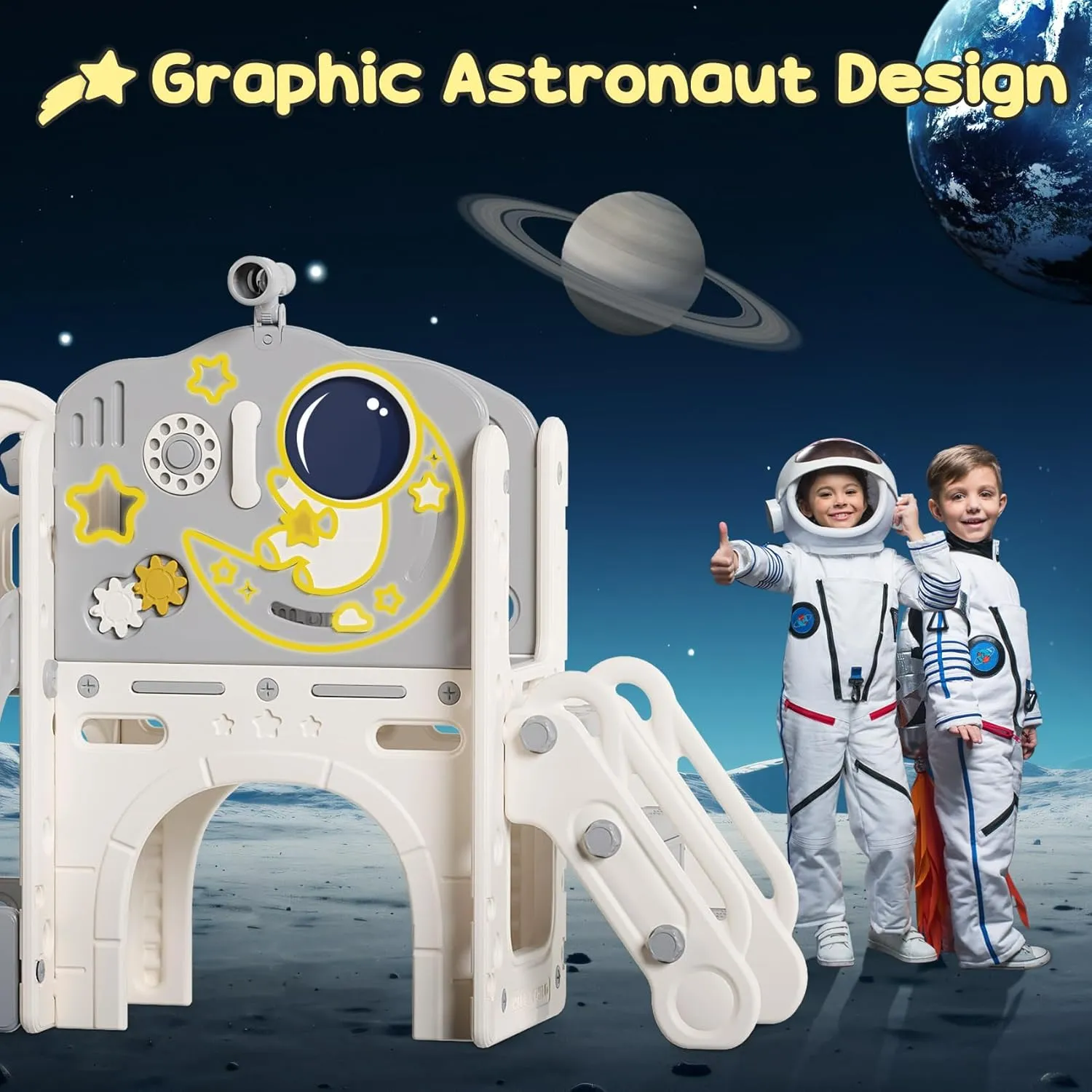 BIERUM 10 in 1 Toddler Slide, Astronaut Themed Kid Slide for Toddlers Age 1-3 with Basketball Hoop, Phone Toy and Turning Gears, Indoor Outdoor Toddler Playset Beige Gray