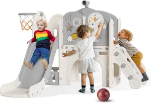 BIERUM 10 in 1 Toddler Slide, Astronaut Themed Kid Slide for Toddlers Age 1-3 with Basketball Hoop, Phone Toy and Turning Gears, Indoor Outdoor Toddler Playset Beige Gray