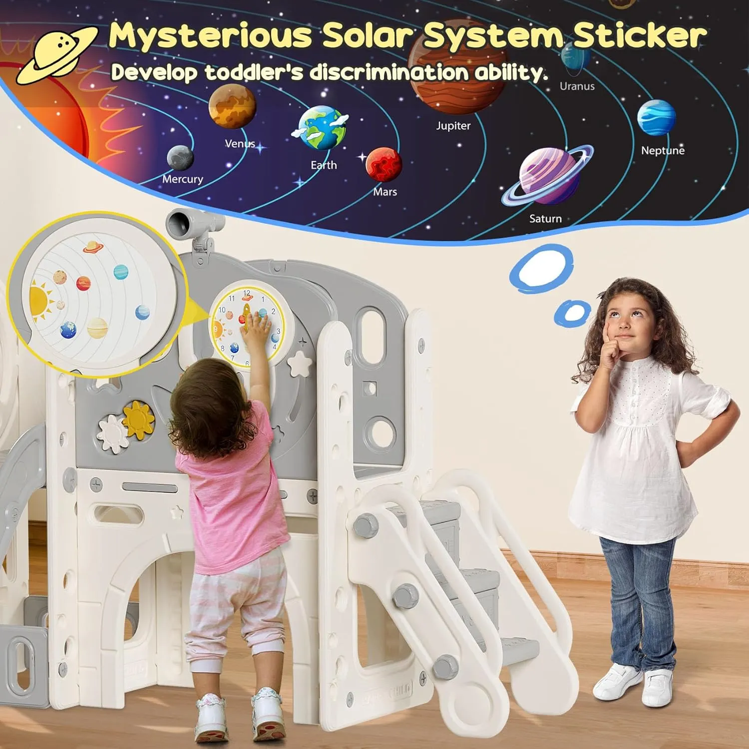 BIERUM 10 in 1 Toddler Slide, Astronaut Themed Kid Slide for Toddlers Age 1-3 with Basketball Hoop, Phone Toy and Turning Gears, Indoor Outdoor Toddler Playset Beige Gray