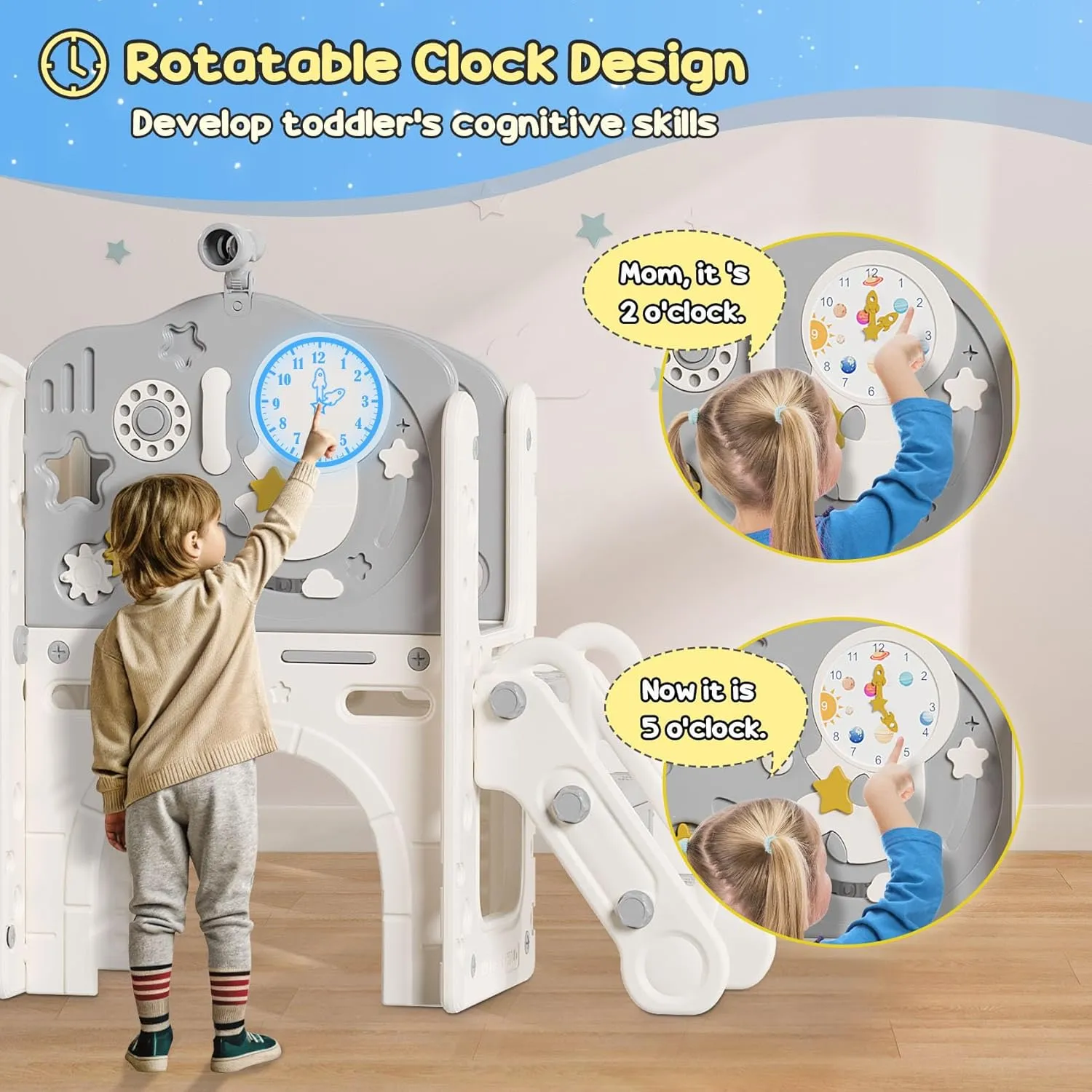 BIERUM 10 in 1 Toddler Slide, Astronaut Themed Kid Slide for Toddlers Age 1-3 with Basketball Hoop, Phone Toy and Turning Gears, Indoor Outdoor Toddler Playset Beige Gray