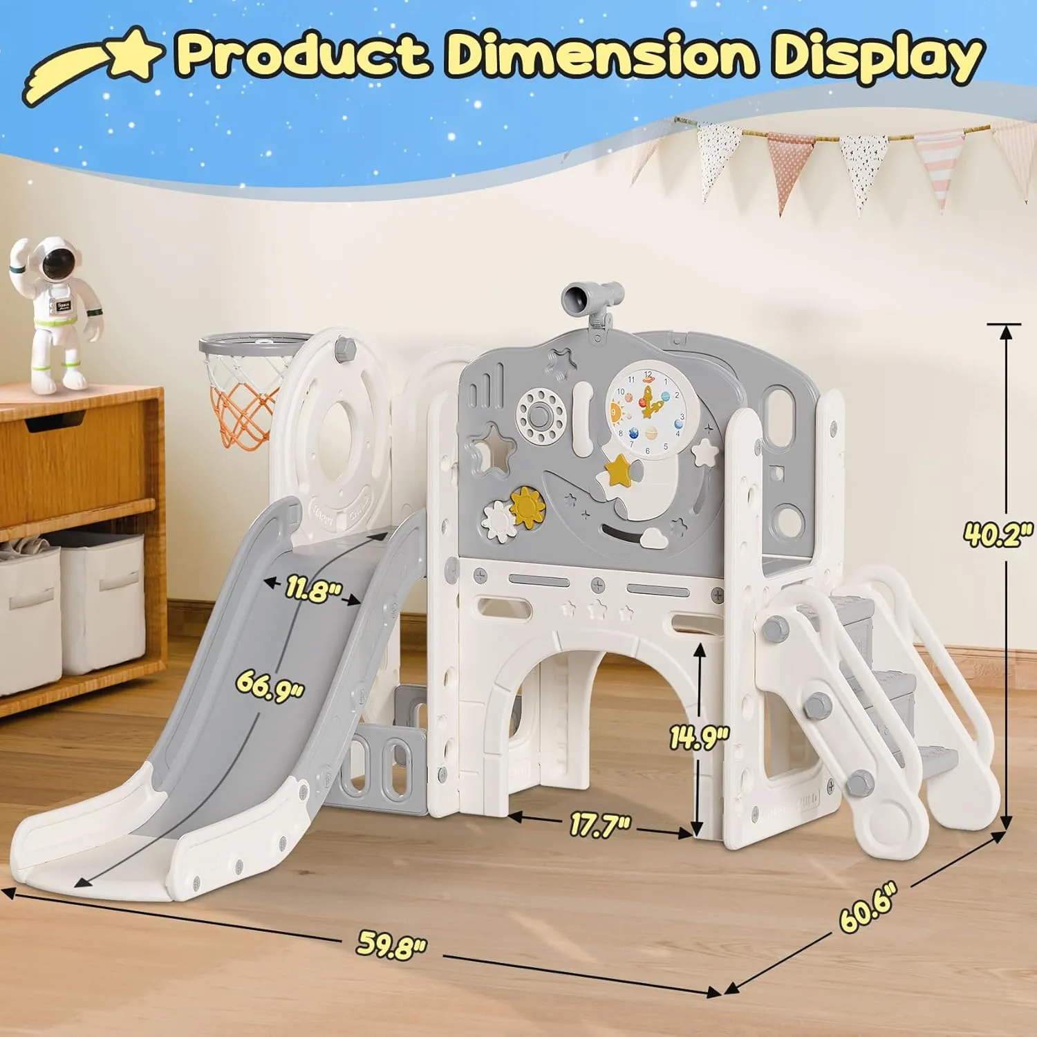 BIERUM 10 in 1 Toddler Slide, Astronaut Themed Kid Slide for Toddlers Age 1-3 with Basketball Hoop, Phone Toy and Turning Gears, Indoor Outdoor Toddler Playset Beige Gray